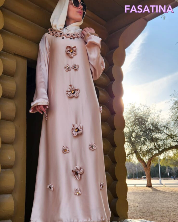 Luxury Sand Rose beige Dubai Designer dress, handmade modest fashion