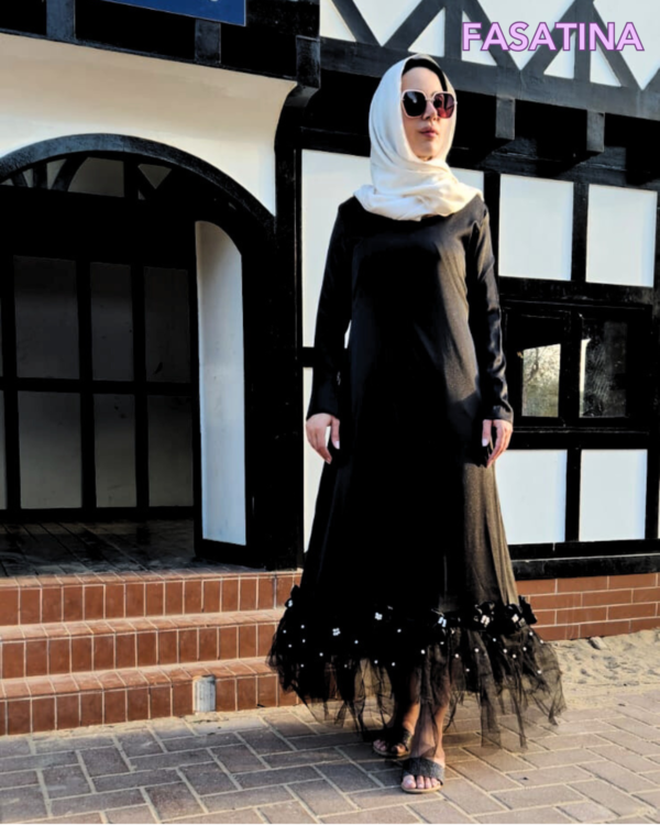 LIBASAT Elegant Pearl Roses black evening dress, limited edition in Dubai