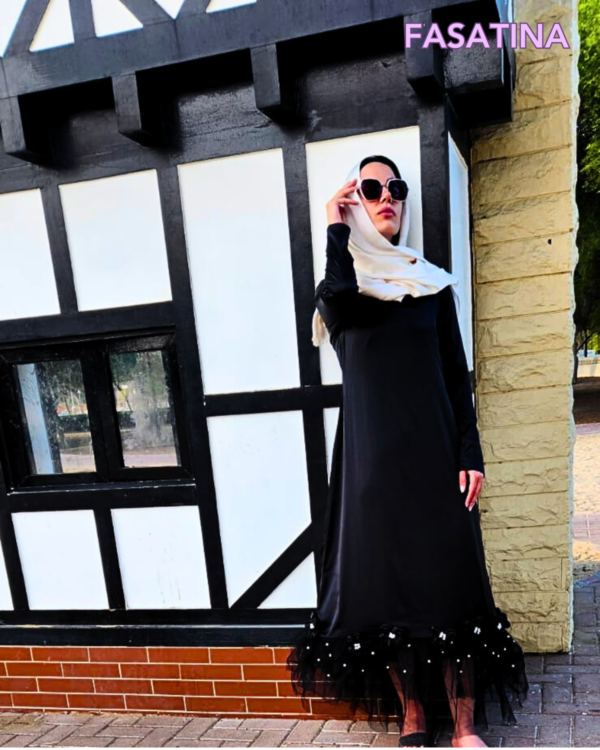 LIBASAT Handmade Pearl Roses black modest evening gown, UAE exclusive